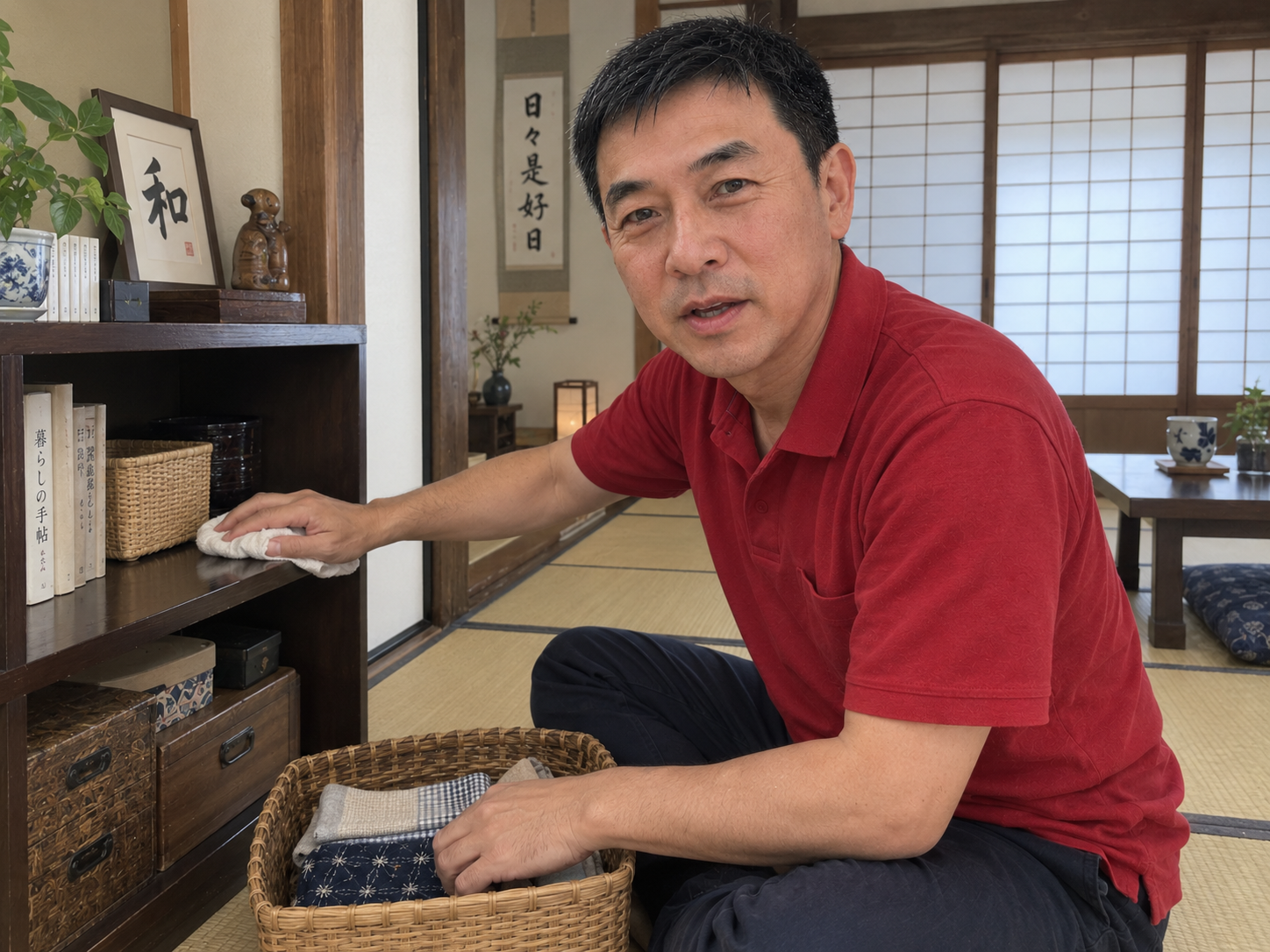 Morimoto Yukio cleaning a shelf in a Japanese home